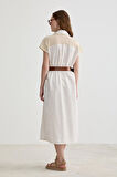 Vos Versa Kadın Dantel Detaylı Beli Kemerli Keten Taş Elbise VVK7279