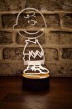 Charlie Brown Figürlü Dekoratif Hediye Led Masa Lambası | 7 Işık Rengi | Ahşap Taban