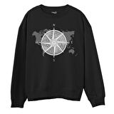 Compass Map  Baskılı Siyah Sweatshirt