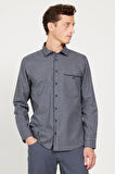 Erkek Lacivert-Gri Slim Fit Dar Kesim Klasik Yaka Kareli Gömlek