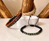 %100 Deri&Hematit Kombinli 3lü Erkek Bileklik Set 21 cm (Türk El Üretimi)