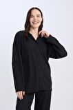 DeFacto Relax Fit Gömlek Yaka Bürümcük Uzun Kollu Siyah Gömlek D7520AX24AUBK81