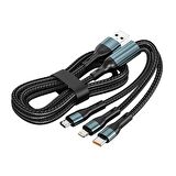 ScHitec 3in1 Lightning, Type-C, Micro Çıkışlı Örgülü Hızlı Data ve Şarj Kablosu 1.2m Siyah 