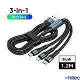ScHitec 3in1 Lightning, Type-C, Micro Çıkışlı Örgülü Hızlı Data ve Şarj Kablosu 1.2m Siyah 