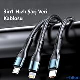 ScHitec 3in1 Lightning, Type-C, Micro Çıkışlı Örgülü Hızlı Data ve Şarj Kablosu 1.2m Siyah 