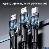 ScHitec 3in1 Lightning, Type-C, Micro Çıkışlı Örgülü Hızlı Data ve Şarj Kablosu 1.2m Siyah 