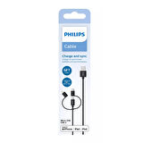 Philips MFI Apple Lisanslı İphone 15 Plus 3in1 Micro Usb-Lightining-Type-C Hızlı Şarj ve Data Kablosu 2m Siyah DLC3106T