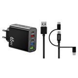 ScHitec 65W 2 Type-C + 3 UsbA Toplam 5 Çıkışlı Philips 3in1 Micro Usb-Lightining-Type-C Kablolu Şarj Aleti Siyah SR103