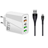 ScHitec 120W 3 Type-C + 2 UsbA Toplam 5 Çıkışlı Philips MFI Lisasnlı UsbA to Lightning Kablolu Şarj Aleti Beyaz SR104