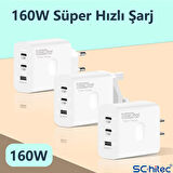 ScHitec 160W 2xType-C + UsbA Quick Charger 5.0 Teknolojili Ev Tipi 3 Çıkışlı Şarj Aleti Başlığı SR40
