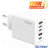 ScHitec 120W 3 Type-C + 2 UsbA Toplam 5 Çıkışlı Ev Tipi Şarj Aleti Set 3A 45W Type-C to Type-C 1Metre Süper Hızlı Data ve Şarj Kablosu SR30