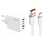 ScHitec 120W 3 Type-C + 2 UsbA Toplam 5 Çıkışlı Ev Tipi Şarj Aleti Set 6A 100W UsbA to Type-C 1Metre Süper Hızlı Data ve Şarj Kablosu SR30
