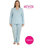 Kadın Büyük Beden Viskon Önden Düğmeli Gömlek Yaka Göğüs Cepli Uzun Kol Mevsimlik Pijama Takımı