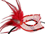 Kırmızı Renk Yandan Tüylü Pul Payet İşlemeli Parti Maskesi 23x12 Cm