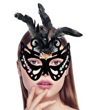 Siyah Renk Siyah Süet Kaplama Tüylü Kelebek Figür Parti Maskesi 24x18 Cm