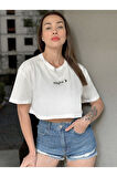 Kadın Bisiklet Yaka Baskılı Oversize Crop T-shirt