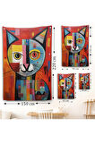Pablo Picasso Tarzı - Soyut Renkli Kedi Duvar Örtüsü-7372