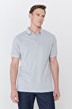Erkek Gri Slim Fit Dar Kesim Polo Yaka %100 Pamuk Kısa Kollu Desenli Tişört