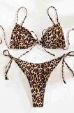 Angelsin Leopar Desenli İpli Tasarım Bağlamalı Bikini Üstü