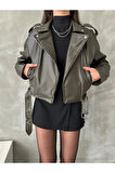 Kemerli Kadın Deri Ceket Yeni Sezon Oversize