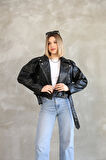 Kemerli Crop Deri Oversize Kadın Yeni Sezon Ceket