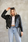 Kemerli Crop Deri Oversize Kadın Yeni Sezon Ceket