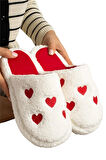 Kadın Pofuduk Nakışlı Ev Terliği Çeyiz Bohça Terliği Valentine's Day BEYAZ - KIRMIZI