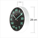 Büyük 28 cm Fosforlu Klasik Romen Rakkamlı Beyaz Çerçeveli Ön Camlı Siyah Zeminli Sessiz Duvar Saati
