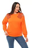 Kadın Büyük Beden Angels Taş Baskılı Turuncu Sweatshirt