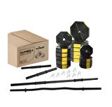 Tan Spor 100 Kg DÜZ BAR (150 cm) + Z BAR (120 cm) Dambıl Ağırlık Halter FULL SET Sarı Kapaklı