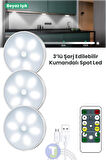 Technojet 3Adet Akıllı Hareket Sensörlü Kumandalı USB Şarj Kablosuz Spot Led Beyaz Işık Gece Lambası