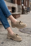 Kadın Yüksek Kaymaz Taban Bej Süet Boncuklu Bağcıklı Loafer Oxford Ayakkabı