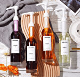 2’li Set | 250ml Pompalı Cam Şurup Şişesi- Kahve, 18 Çeşit Beyaz Etiket + Silikon Huni Hediyeli
