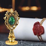 Kraliyet Yeşil Taşlı Döküm Metal Mum Mühürü Sapı Gold 1