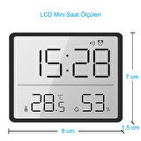 HyMark Mıknatıslı LCD Dijital Ekran 9x7 cm Pilli Mini Saat Alarm Saat Nem Göstergesi Sıcaklık Ölçer