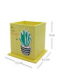 Ahşap Masaüstü Kalemlik Kaktüs Bitki Desenli Sarı - 1 Adet