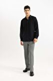 DeFacto Modern Fit Polo Yaka Basic Düz Krinkıl Uzun Kollu Siyah Gömlek B7384AX24SPBK27