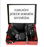 Sevgiliye Hediye Seti Siyah Dijital Kol Saati-Cüzdan-Kemer-Kartlık-Tesbih-3 Adet Bileklik