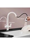 Mutfak Evye Bataryası Smart Dual Flow Su Arıtma Çıkışlı Mat Beyaz Dokunmatik Spiralli 7 Yıl Garanti