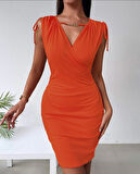 MDB Kadın Kruvaze Yaka Büzgü Ve Zincir Aksesuar Detay Cepli Sandy Mini Elbise