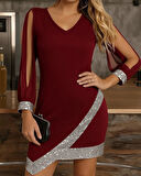 MDB Kadın Uzun Kollu V Yakalı Pulpayetli Ithal Krep Elbise