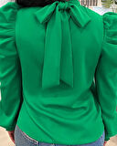 MDB Kadın Uzun Kollu Balıkçı Yaka Arkadan Bağlamalı Omuzlardan Balon Ithal Krep Bluz