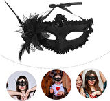 MDB Siyah Mat Renk Yandan Tüylü Güllü Parti Balo Venedik Maskesi