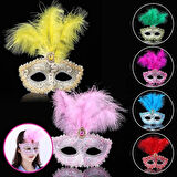 MDB Mavi Dantel İşlemeli Mavi Tüylü Balo Parti Maskesi