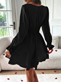 MDB Kadın Uzun Kollu Kruvaze Yakalı Mini Sandy Elbise