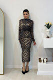 Leopar Kadife Drape Detaylı Uzun Elbise