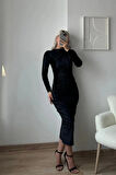 Drape Detaylı Kadife Elbise Siyah
