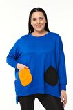 Kadın Büyük Beden Renkli Cepli Ekstra Rahat Kalıp Mavi Sweatshirt