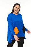 Kadın Büyük Beden Renkli Cepli Ekstra Rahat Kalıp Mavi Sweatshirt