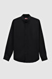 Slim Fit Siyah Oxford Düğmeli Yaka Kolay Ütülenebilir Nakış Detaylı Pamuklu Gömlek 4HC02ORT03265
